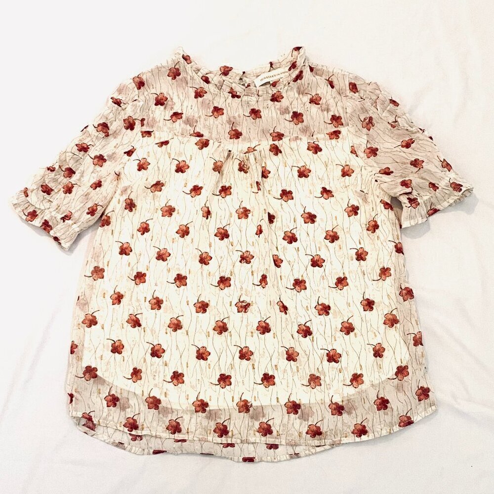 Monteau Los Angeles top Womens Large ruffle short sleeve floral rose cream gold